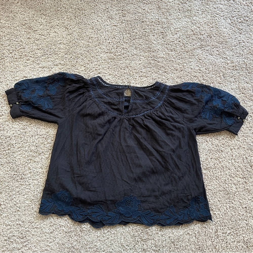 Anthropologie Black Navy Salma Embroidered Lined Peasant Blouse Size 0 - Picture 6 of 12